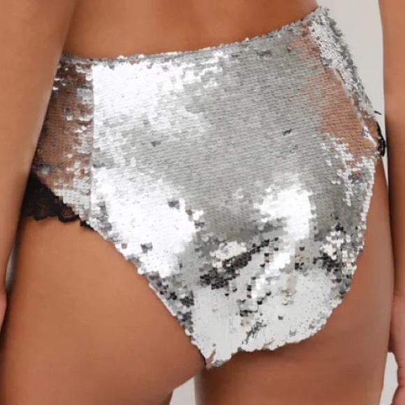 NWT For Love & Lemons M Maia High-waist Panty Sequin Lace Trim Shine Silver - Picture 2 of 3